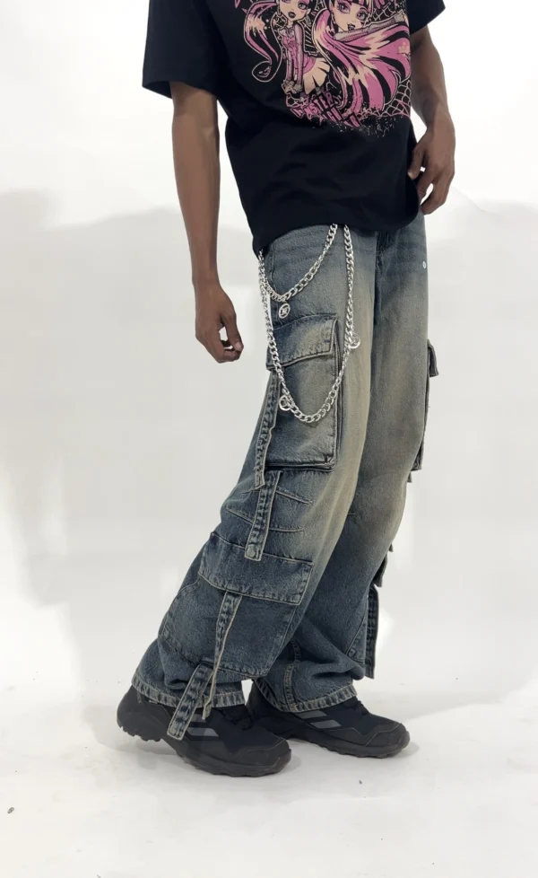 WASHED DENIM CARGO WIDE