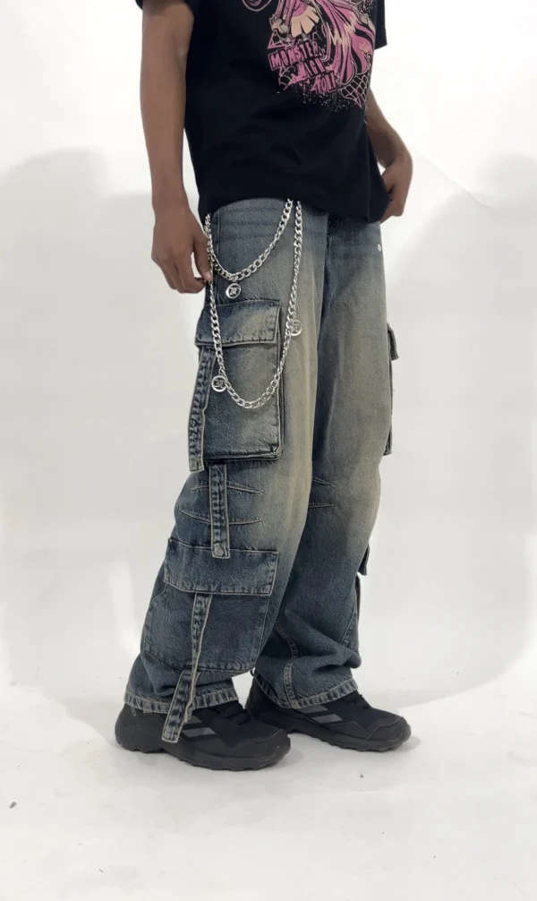Washed denim wide leg cargo pants with utility pockets and relaxed streetwear fit.