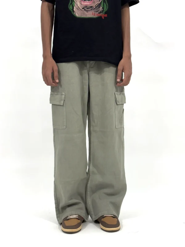 Budget friendly jean pants in sage wide fit, relaxed cargo pants for men, styled casually, online clothing store under 1000 pants.