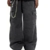 Charcoal wash wide-leg cargo pants with relaxed fit, utility pockets, and straight fall, styled for casual streetwear.