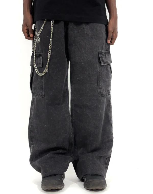 Charcoal wash wide-leg cargo pants with relaxed fit, utility pockets, and straight fall, styled for casual streetwear.