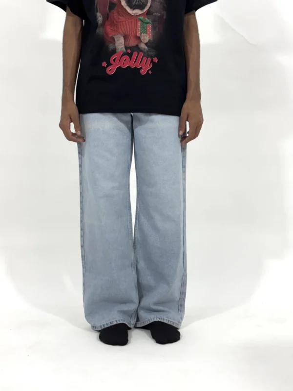 Light blue wide leg jean with elastic waistband, relaxed streetwear fit and vintage washed finish, budget friendly denim pants for everyday wear.
